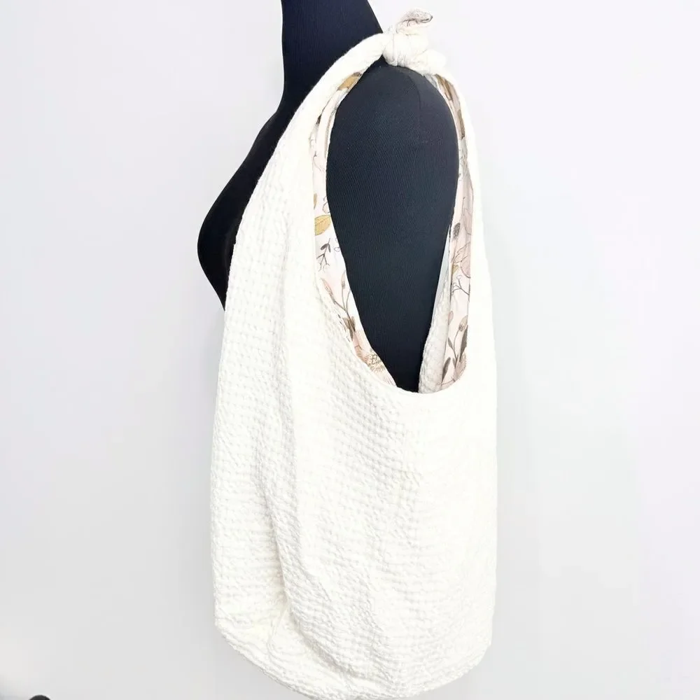 Baggagean and Co. Pink Floral Cream Waffle Knit Soft Reversible Fabric Hobo Bag